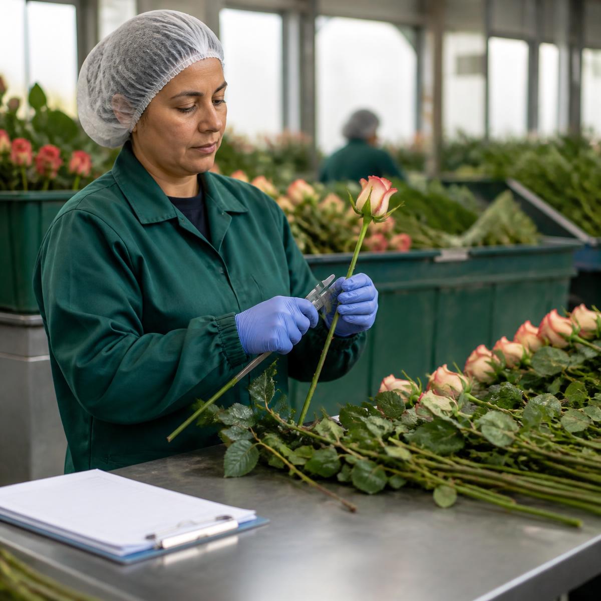 Quality inspector checking fresh cut roses in a flower grading packhouse